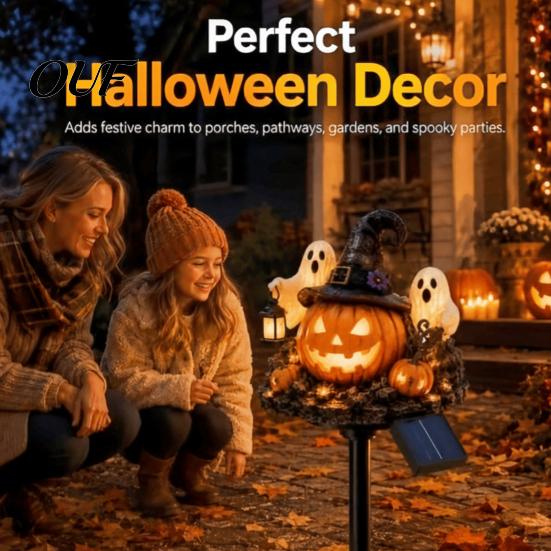 Halloween Pumpkin Lantern Solar Garden Stake Light, Waterproof LED Yard Decoration with Automatic Dusk to Dawn Light Wizard Hat And Ghost, Outdoor