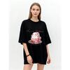 Oversized T Shirt Black Tea Cup Bunny Ballet Print Women Casual Loose Fit Summer Top Fashion Streetwear Graphic Tee