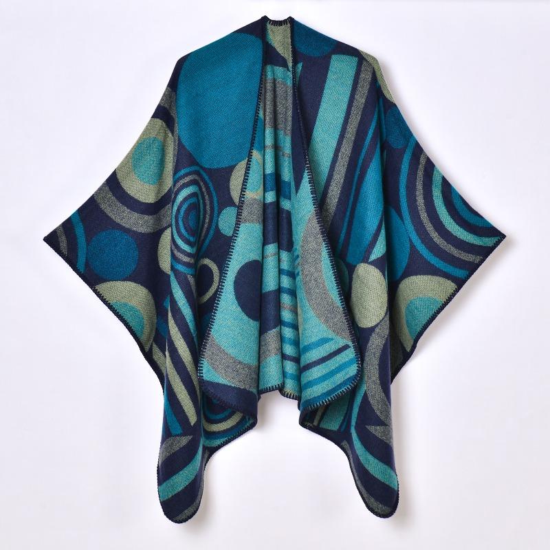 New Geometric Abstract Line Stitching Women's Autumn and Winter Warm Split Shawl Cape with Decorative Scarf