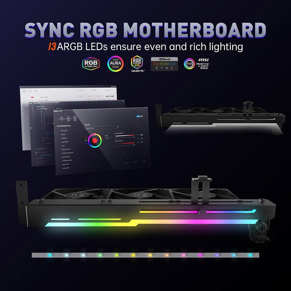 2-в-1 RGB LED Держатель видеокарты 1800 об/мин 5 В 3-контактный ARGB Вентилятор охлаждения видеокарты с 3x80 мм вентиляторами Крепежный кронштейн PCI
