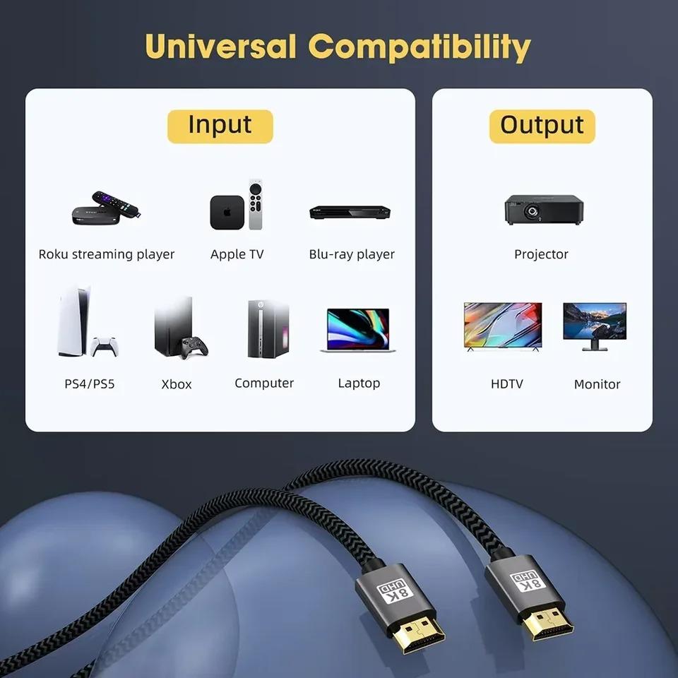HDMI 2.1 Cable HDMI-compatible Vedio Cable 8K@60Hz 48Gbps EARC ARC HDCP High Speed Video Cable HDMI Connector Adapter for PS4 PS5 PC TV Projector