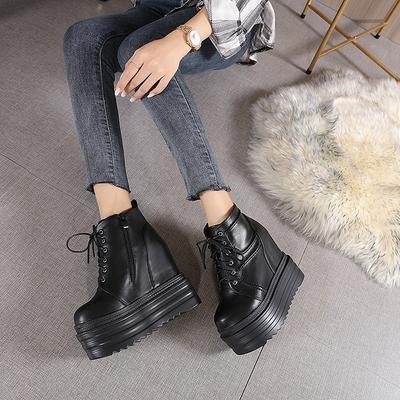 Мода 14 см Весенняя платформа Обувь Осень Харадзюку Готика Панк Черная обувь Высокая подошва Лолита Танкетка Туфли Женщины Шнуровка Мягкая кожа