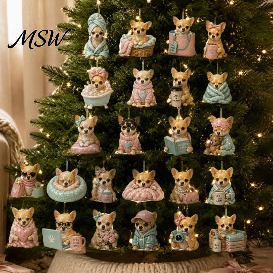 Christmas Countdown Calendar 24 Day Dog Advent Calendar, Cute 2D Flat Chihuahua Hanging Ornaments, Unique Gift for Moms And Dads Different Acrylic