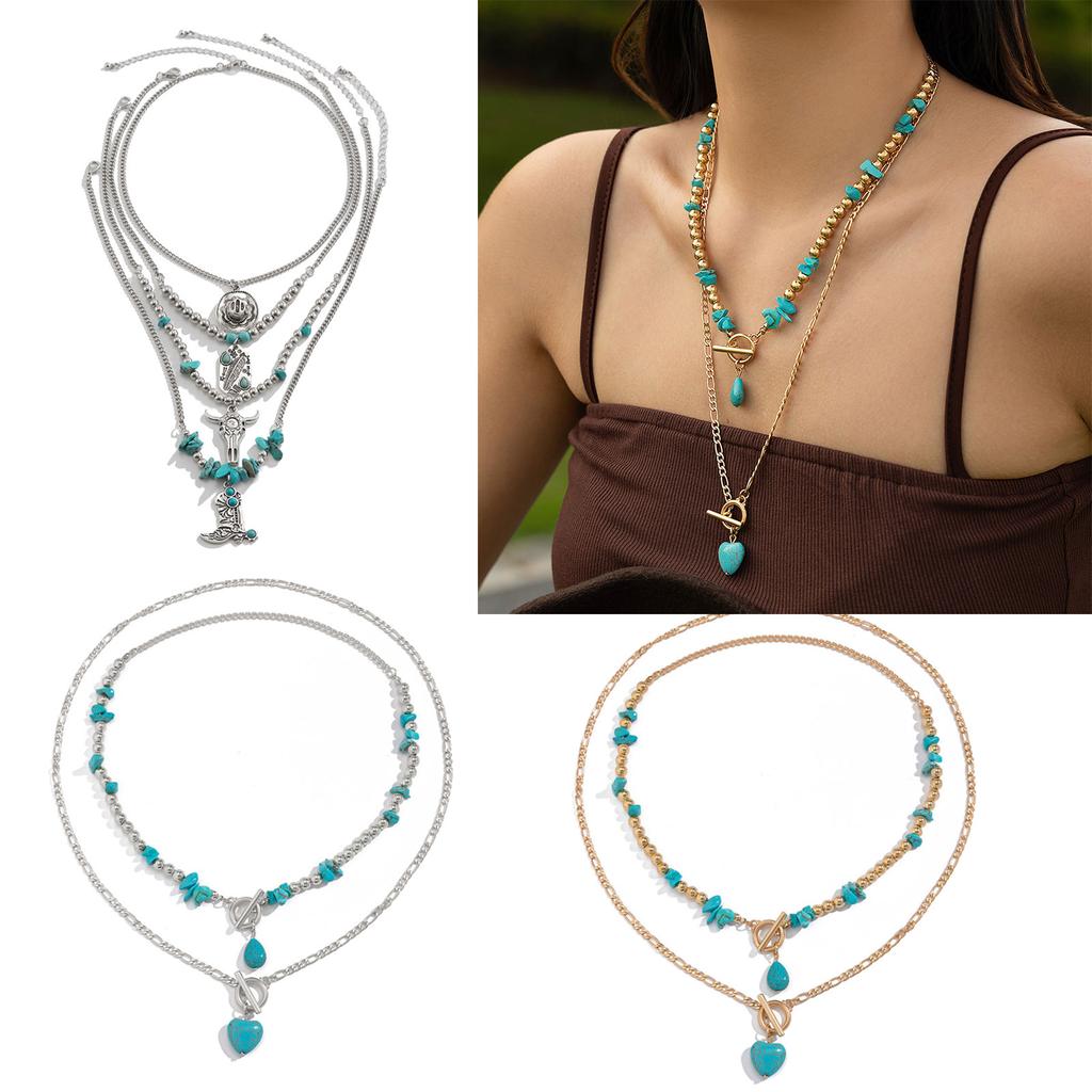 Turquoise Necklace Set Adjustable Length Clavicle Chain Fashionable Multi Layer Neckchain Accessories for Parties