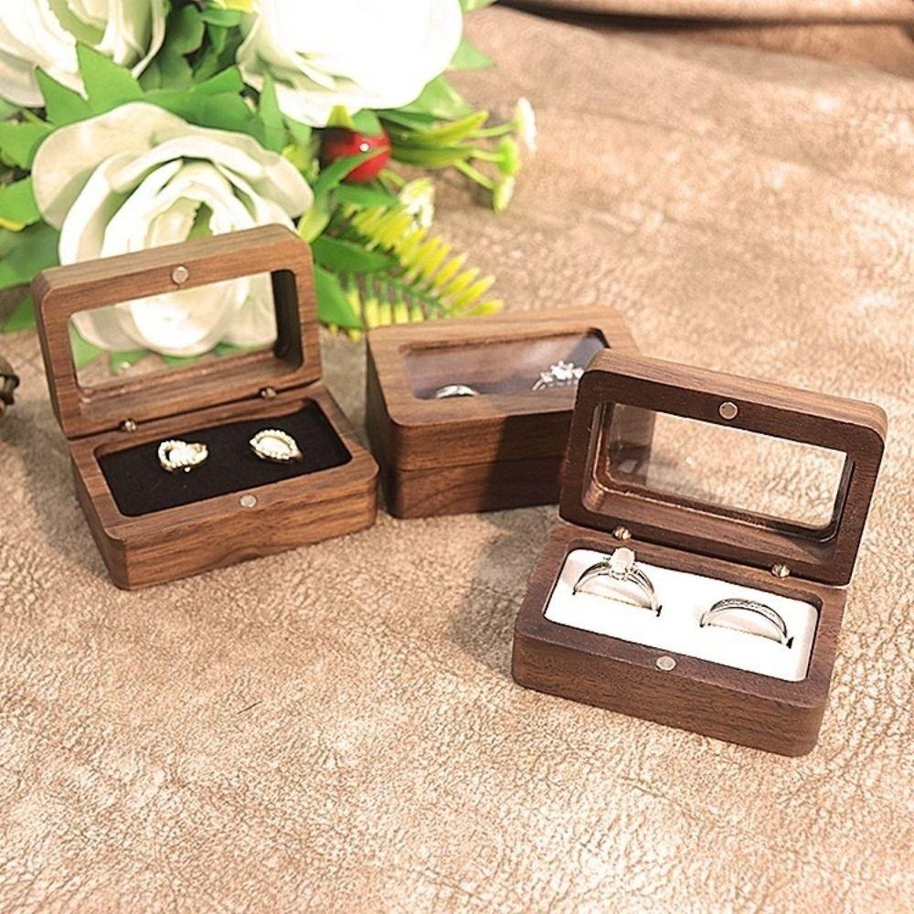 Double Slot Wooden Ring Box Rectangular Dustproof Black Walnut Cufflinks Box Exquisite Opening Window Jewelry Ring Holder