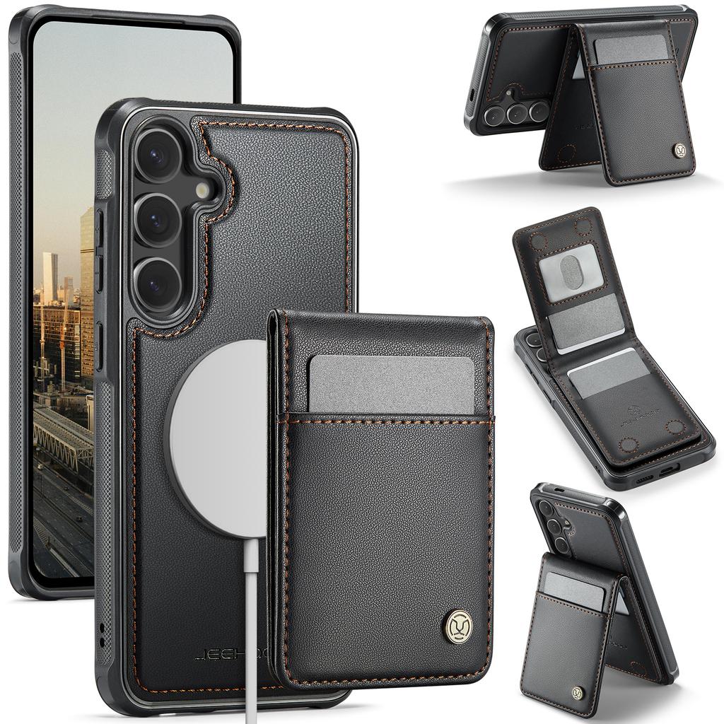 For Samsung Galaxy S26+ Leather Back Cover JEEHOOD J06 Magnetic Phone Case with Card Bag RFID Blocking