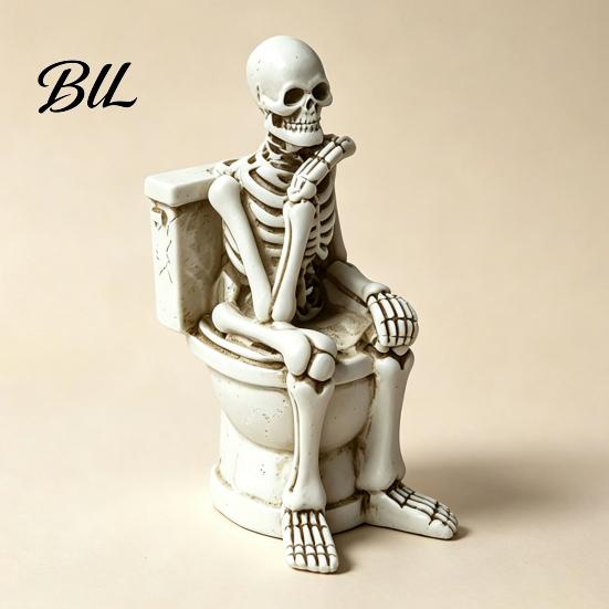 Whimsical Bathroom Decor Skeleton on Toilet Figurine, Funny Gothic Statue, Spooky Aged Texture Figurine Halloween Resin Ornament for Home Office Shelf