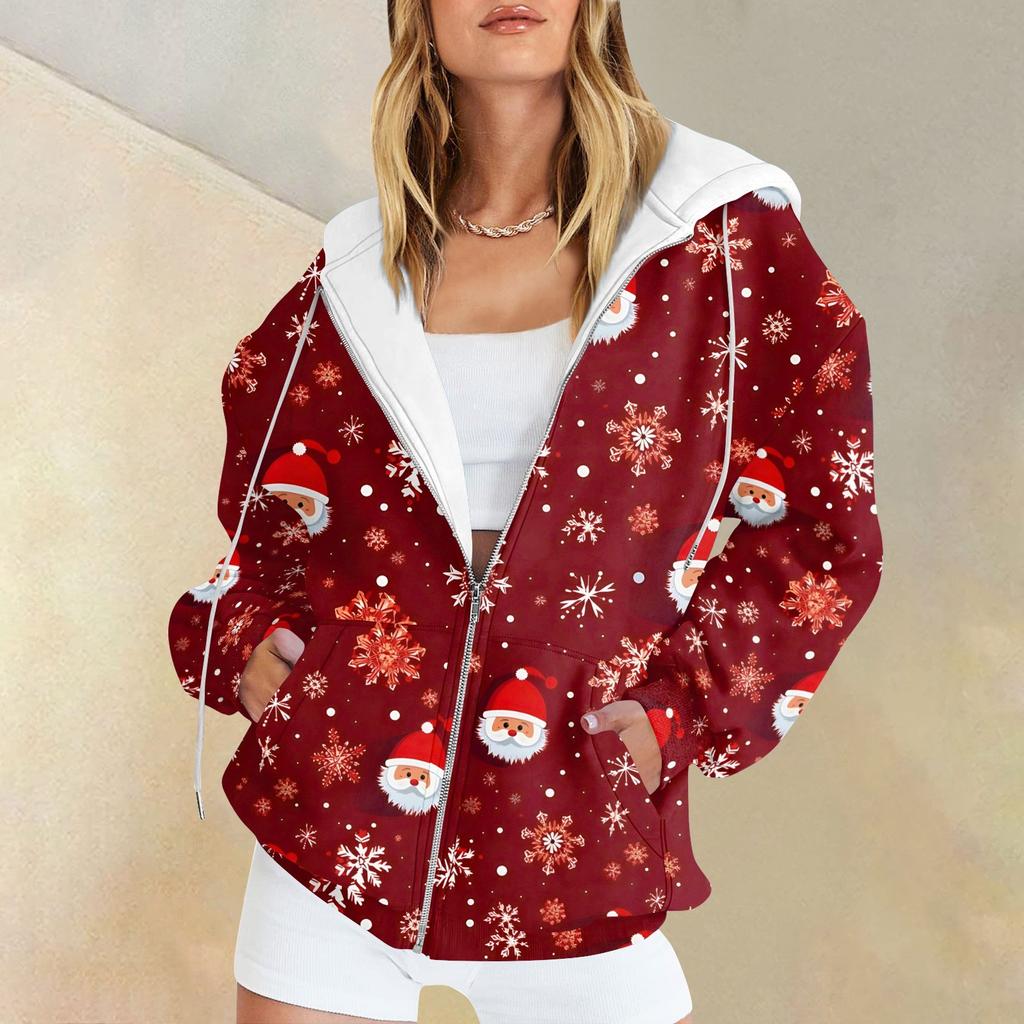 Женская мода повседневная рождественская принтовая толстовка зимняя с длинным рукавом кардиган куртка с карманом на молнии толстовка с капюшоном куртка