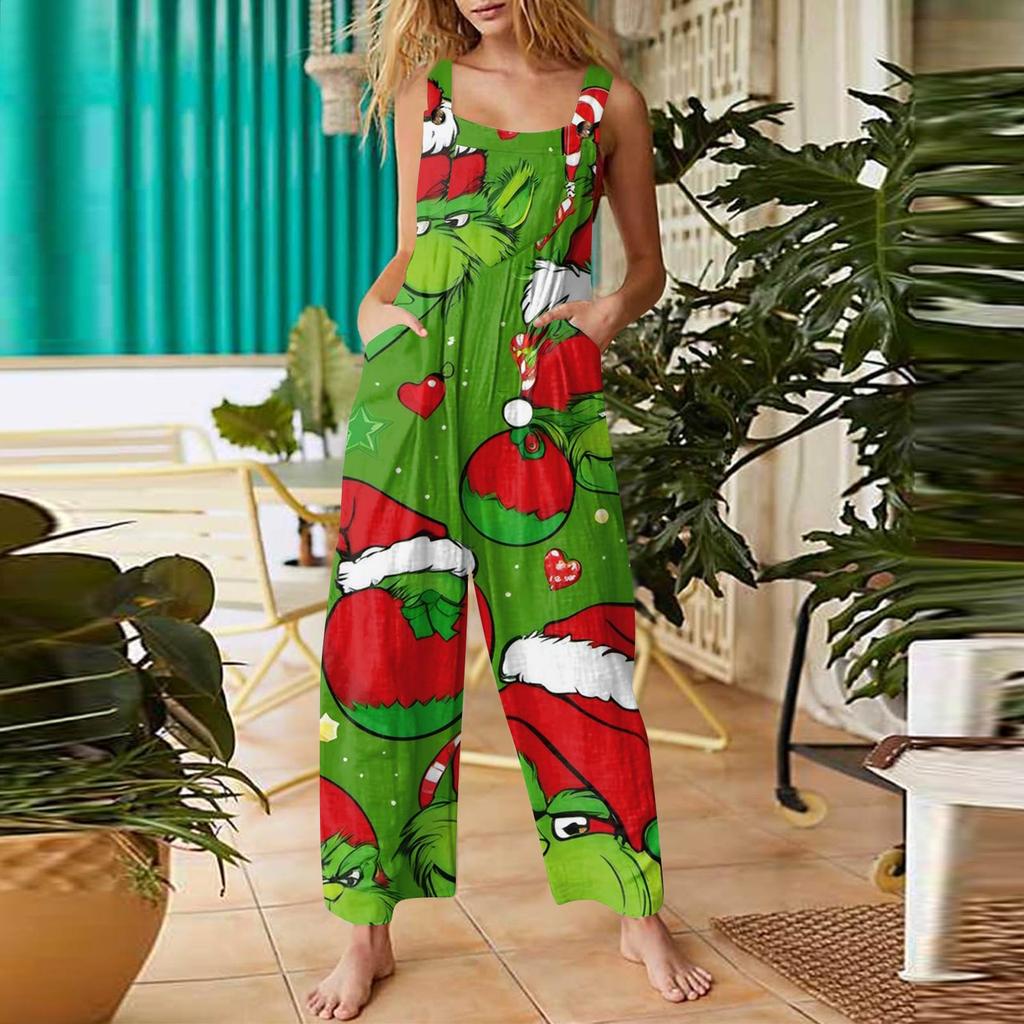 Women's Fashion Christmas Print Casual Retro Sleeveless Button Jumpsuit