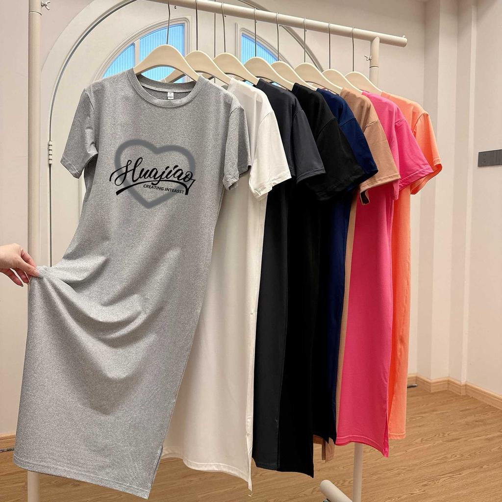 Свободное, большого размера, в гонконгском стиле, с короткими рукавами, средней длины, с разрезом, платье-футболка для женщин на лето