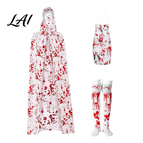 Halloween Horror Scene Photo Prop Blood Print Costume for Women Scary Apron Hooded Creepy Secret Room Escape Cloak Stockings Outfits Cosplay