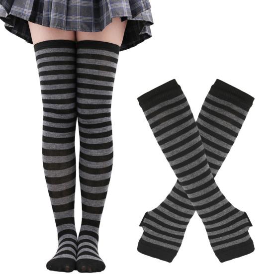Winter Socks Gloves Set Striped Keep Warm Regular Fit Solid Color High Socks Arm Sleeves Set for Daily Wear