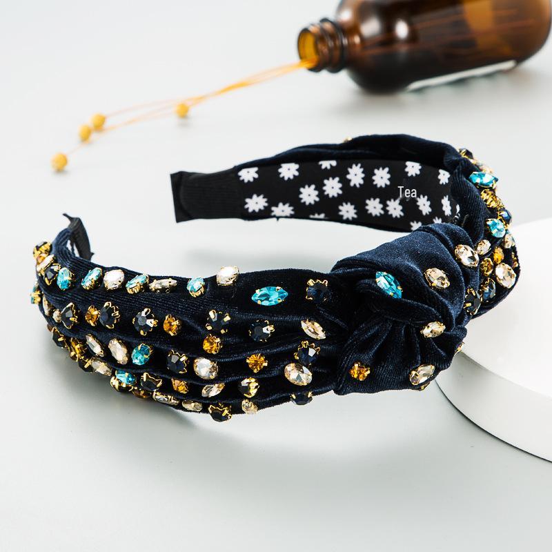 Harmonious Rhinestone Knotted Corduroy Headband: European & American Fashion, Wide-Brimmed, Sweet & Exaggerated Style for Women