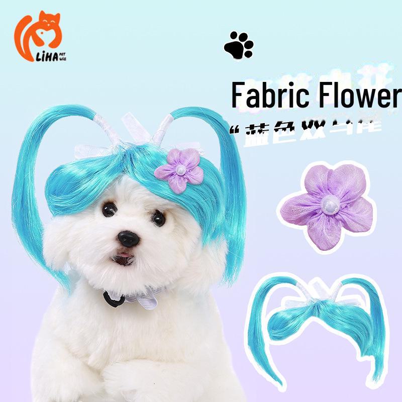 Очаровательный двойной конский хвостик, синий парик для домашних животных - милый головной убор для переодевания кошек и собак