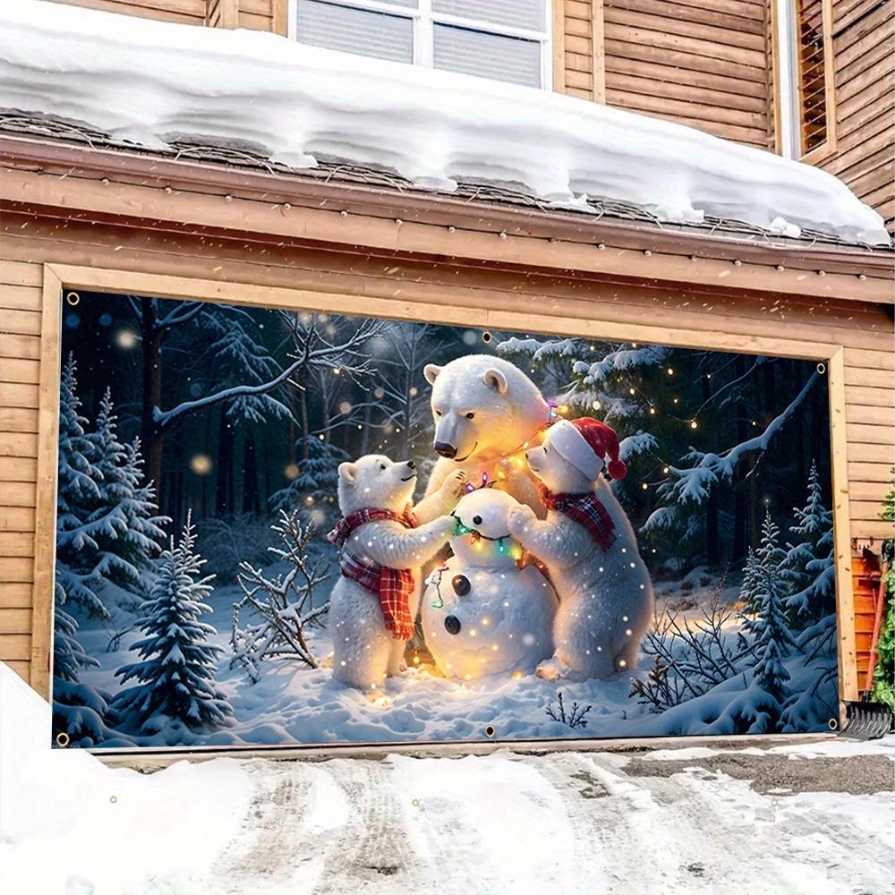 Christmas garage door banner - Durable polyester, easy to hang, winter snow and polar bear design, festive party decorat