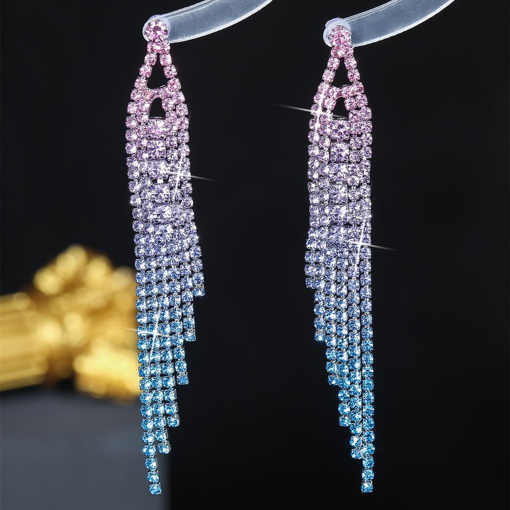Fashion Gradient Colour Rhinestone Long Tassel Earrings Senior Sense Of Temperament Earrings Women's Earrings 1 Pair
