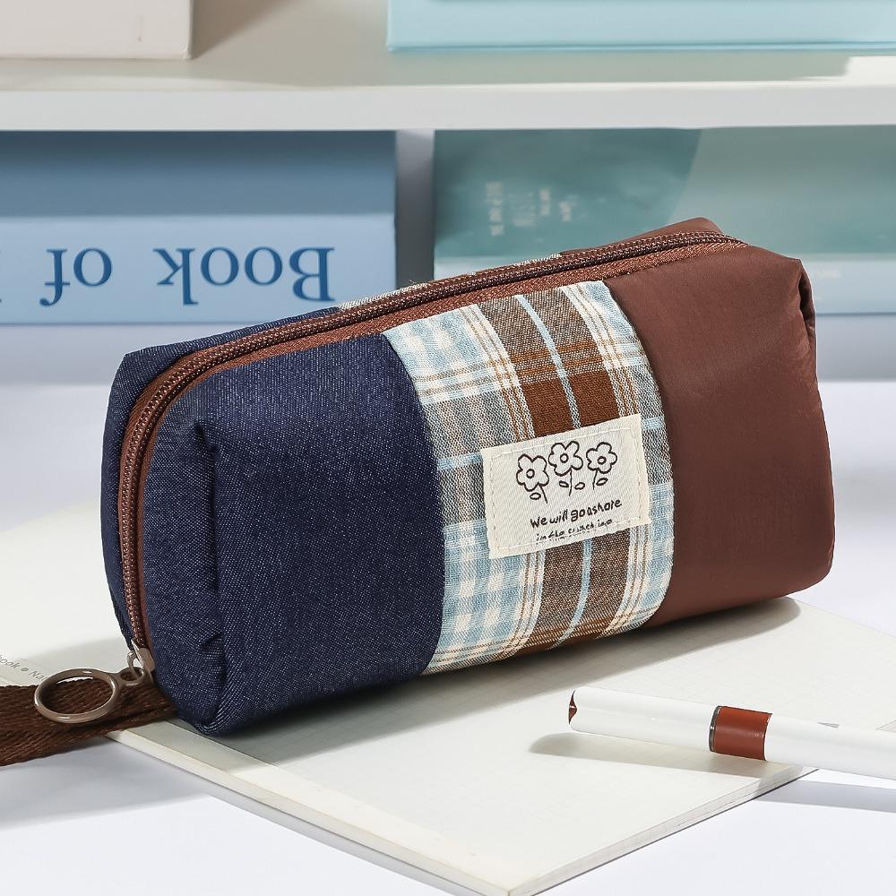 Large Capacity Pen Bag Plaid Color-Blocking Pencil Pouch Stationery Organizer  Back To School