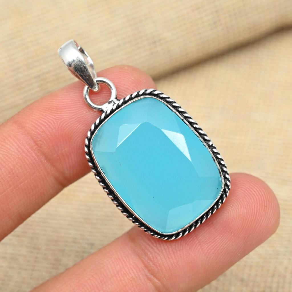 Стерлингового серебра 925 пробы Синий халцедон Драгоценный камень Ювелирные изделия ручной работы Изысканный кулон
