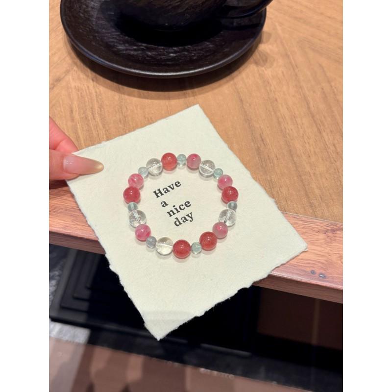 Natural Pink Strawberry Quartz Clear White Crystal Beaded Bracelet Women Handmade Single Circle 9mm