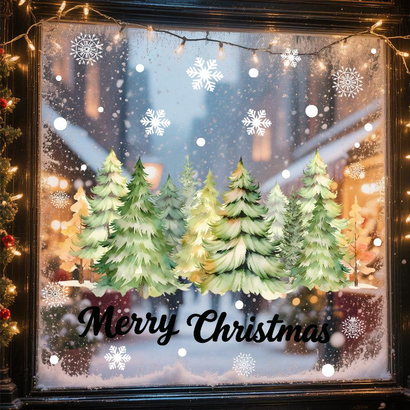 Watercolor Cedar Forest Christmas Window Cling, Static Snowflake Glass Decal, Removable PVC Window Sticker for Home Shop Window