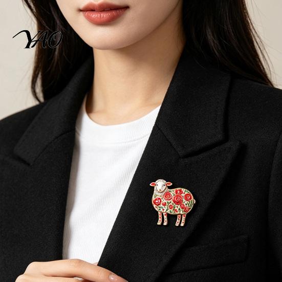 Rhinestone Lamb Brooch Floral for Women, Flower Sheep Alloy Lapel Pin, Animal Jewelry Clothing Suits Scarves Bags Pin