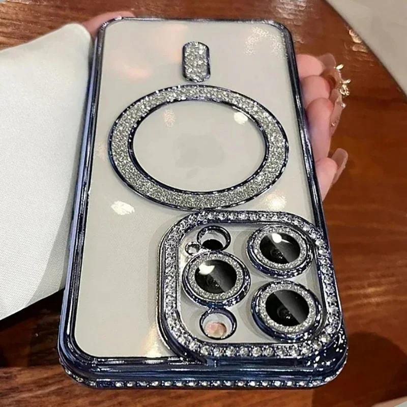 Мягкий Магнитный Беспроводной Заряд Алмазный Чехол для Телефона для iPhone 11 12 13 14 15 16 Pro Max Plus Блестящий Magsafe Бампер Задняя Крышка