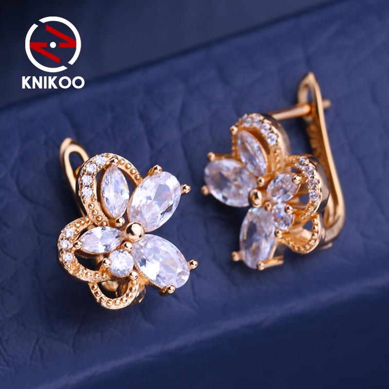 KNIKOO Clip Earrings For Women Cubic Zirconia Fashion Flower Stud Earrings Jewelry For Wedding Party Gifts