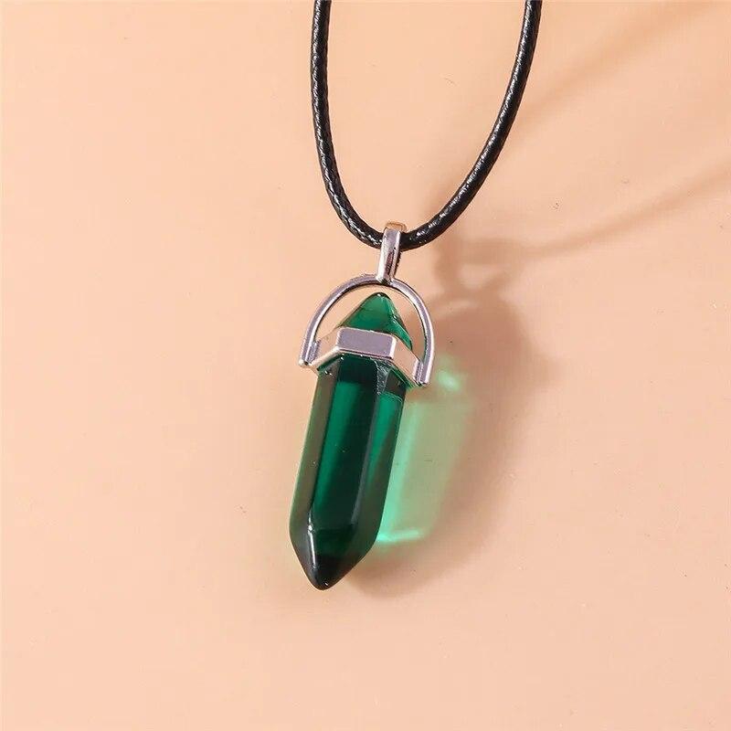 Натуральный камень, кварц, лазурит, опал, аметист, розовый хрустальный камень, шестиугольная колонна, кулон, ожерелья, кожаная цепочка, ожерелье-пуля