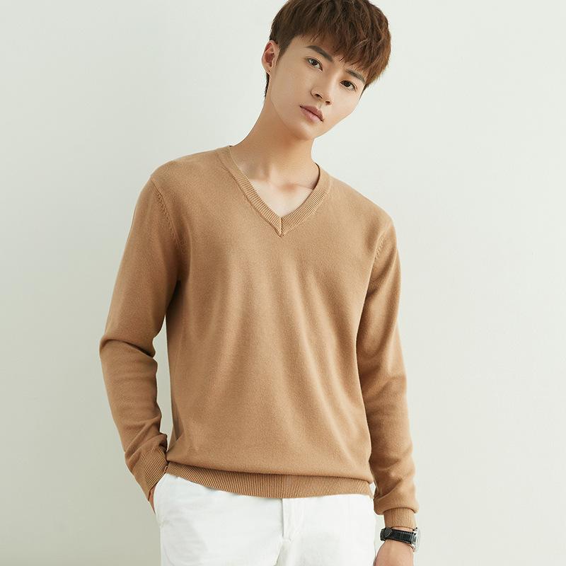 Осенне-зимний мужской вязаный свитер с V-образным и круглым вырезом, простой, в стиле «ветреный полевой», однотонный, деловой свитер.