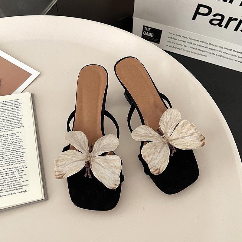 Weird Aesthetics Niche Design Butterfly One-word High-heeled Slippers 2025 Spring and Summer Temperament Thick Heel Outer Wear Cool Slippers