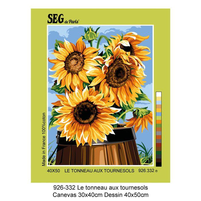 Canevas - SEG - Le tonneau aux tournesols - 40x50cm - Jaune - Vert