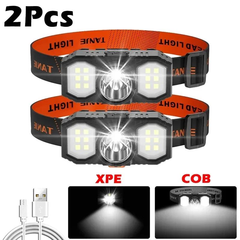 COB XPE LED Headlight Portable Flashlight Lantern Headlamp USB Rechargeable Outdoor Waterproof Headlight Built-in 18650 Battery