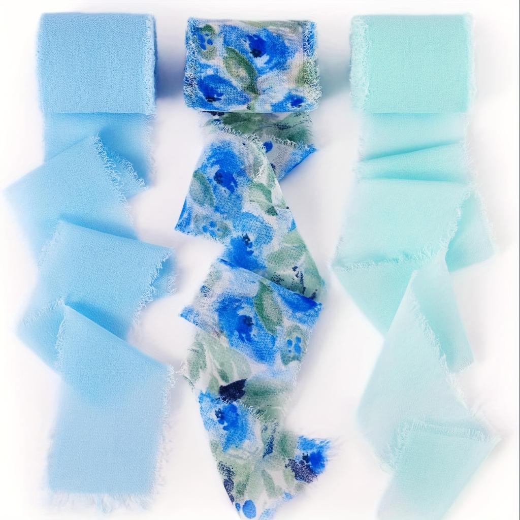 3Pcs Rolls Of Patterned Chiffon Ribbon With Frayed Edges
