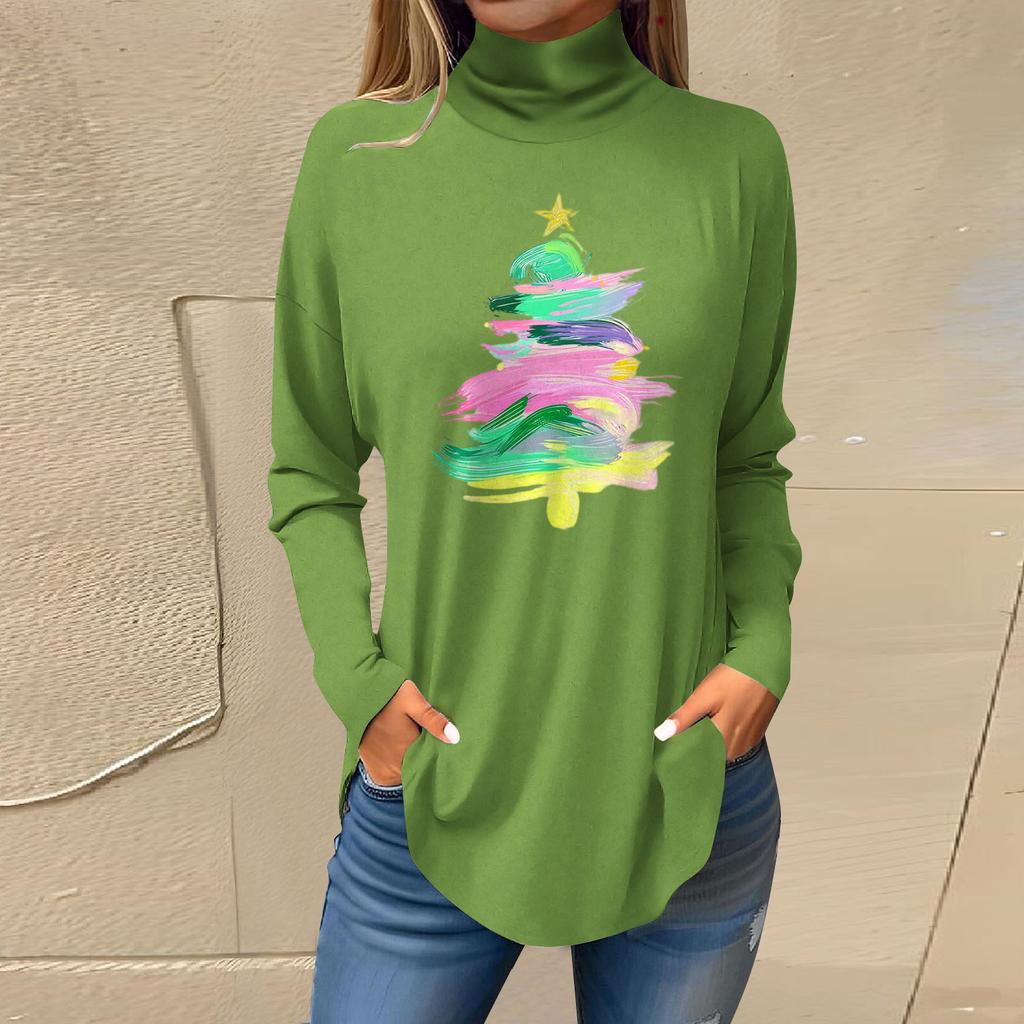Women's Fashionable Loose-Fit High-Neck T-Shirt With Christmas Print Long-Sleeved Top