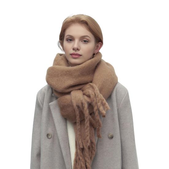 Women Scarf Solid Color Thickened Knitting Scarf with Tassel Decoration Versatile Design Warm Winter Scarf
