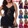 Women's Plus Size Pajamas Deep V Neck Spaghetti Straps Babydoll Thong Lingerie Back Cross Lace Trim Mesh Nightdress