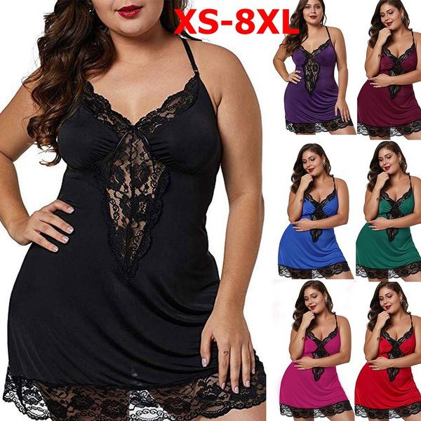 Women's Plus Size Pajamas Deep V Neck Spaghetti Straps Babydoll Thong Lingerie Back Cross Lace Trim Mesh Nightdress