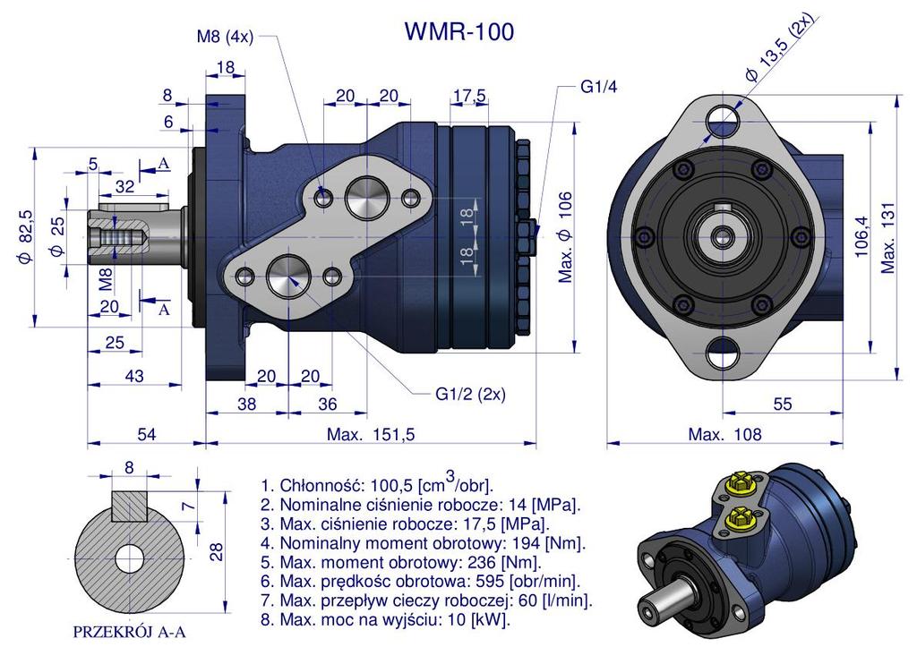 Silnik Hydrauliczny Orbitalny Wmr 100 Cm3/Obr (140 Bar / Max.200 Bar) Waryński
