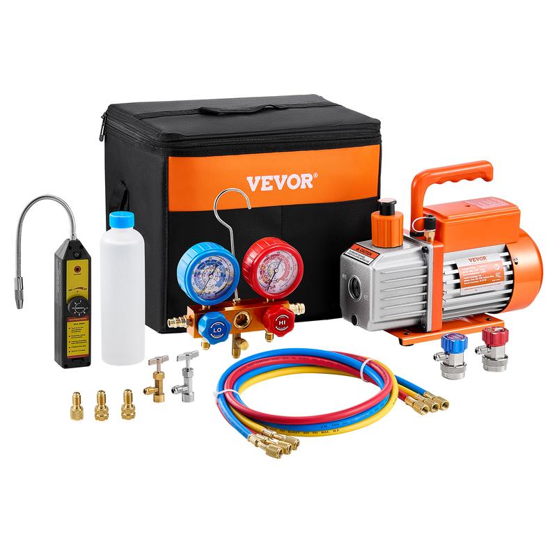 VEVOR 4.5 CFM AC Vacuum Pump and Gauge Set, Single Stage with Leak Detector Hoses for R134a, R12, R22, R502a, R410A, R404, R407C