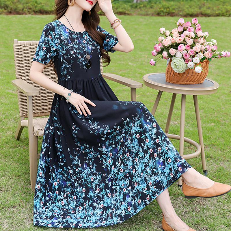 Повседневное женское платье летняя винтажная одежда свободные короткие рукава большие размеры элегантные длинные платья