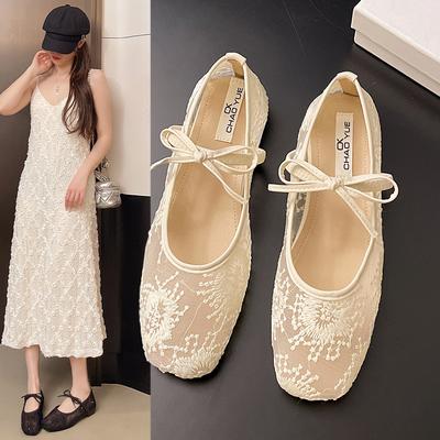 Туфли-лодочки с бантом женские 2025 весна и лето новые с мелким вырезом дышащие сетчатые туфли повседневные на плоской подошве Мэри Джейн