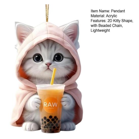 Подвеска для автомобиля 2D Котенок в толстовке с капюшоном, держащий молочный чай, легкая школьная сумка, сумка через плечо, подвеска с цепочкой из бисера, праздничный подарок