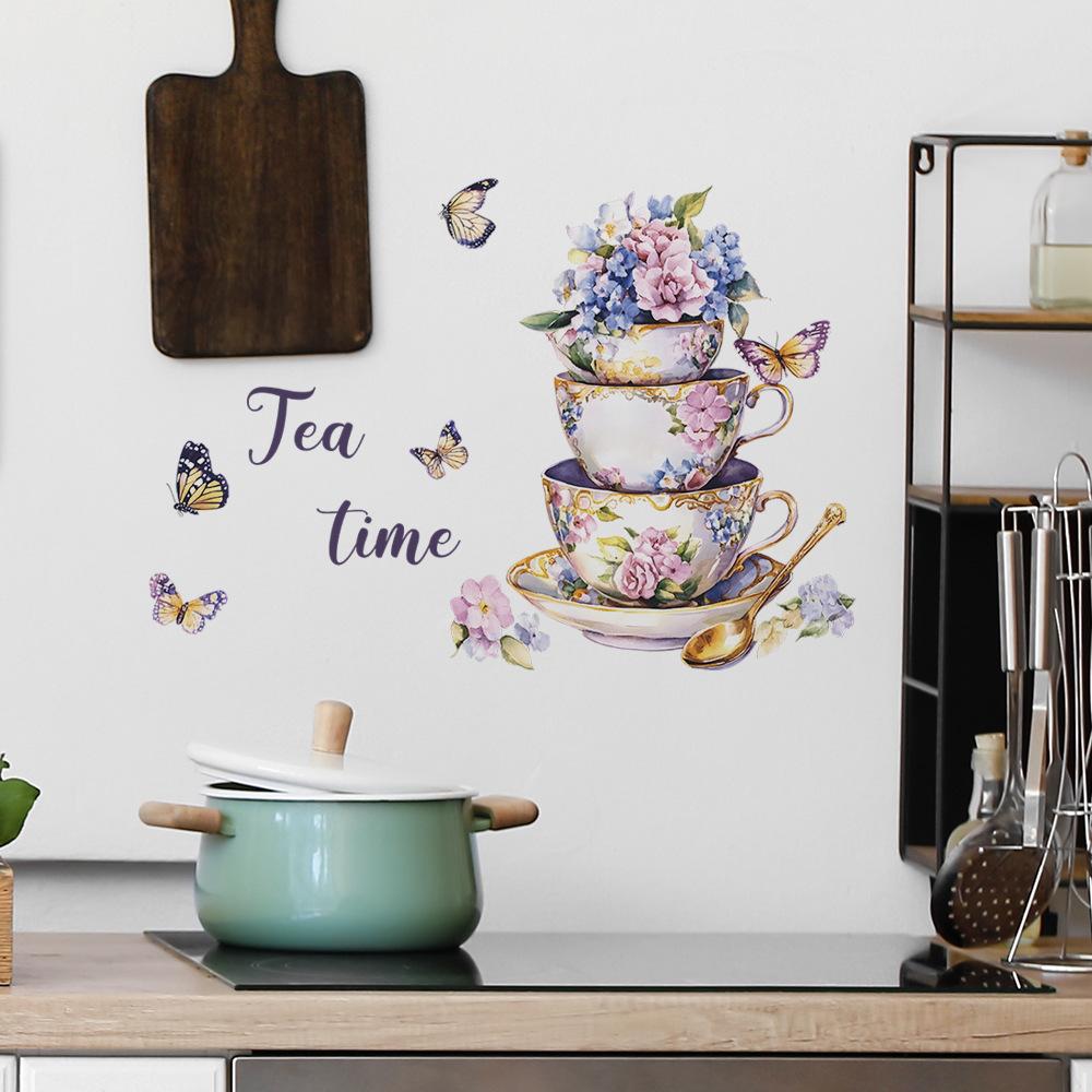 Изысканные цветочные кофейные чашки Бабочка Кухня Столовая Дом Фон Украшение Наклейки на стену
