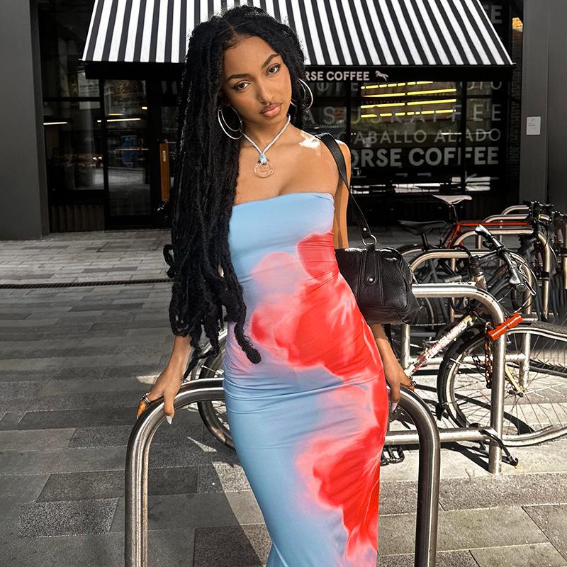 European & American Style Sexy Slim Fit Strapless Printed Long Dress with Side Slit for Women