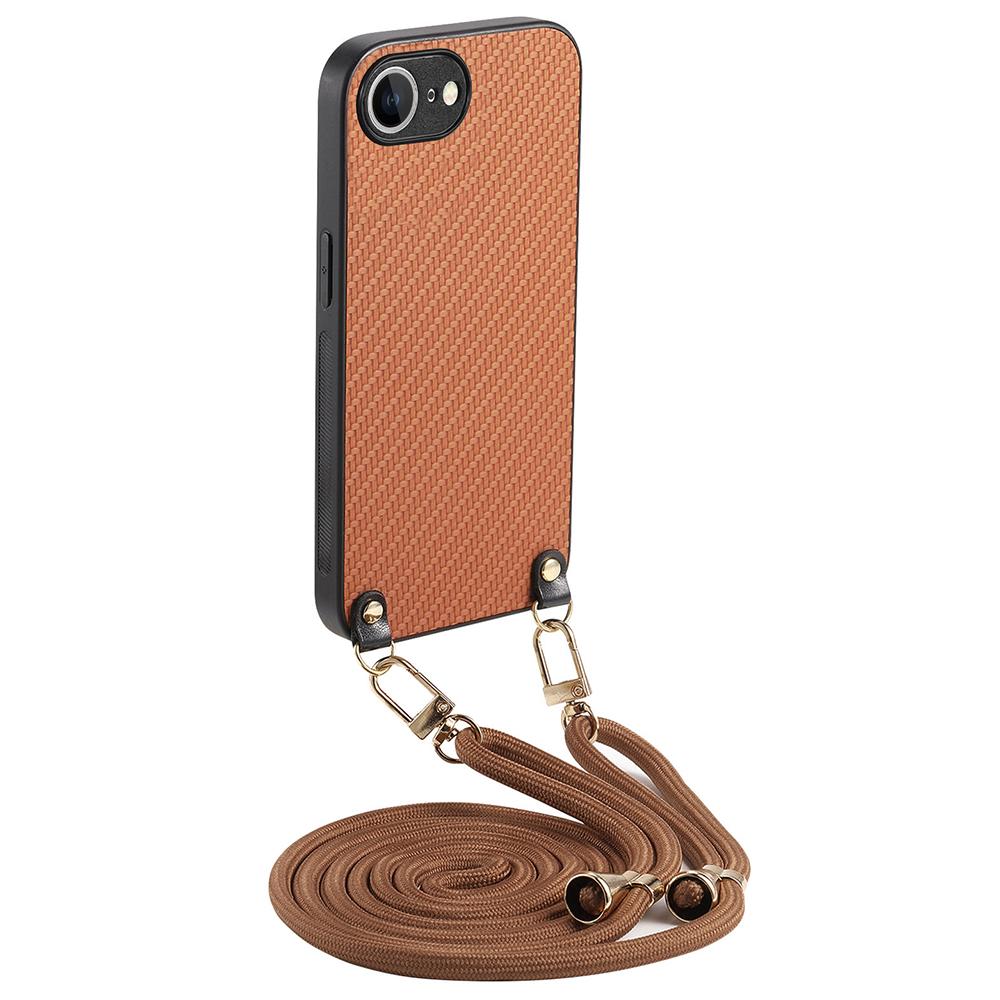 For iPhone 16e Case Carbon Fiber Texture PU+PC+TPU Anti Drop Phone Cover with Crossbody Lanyard