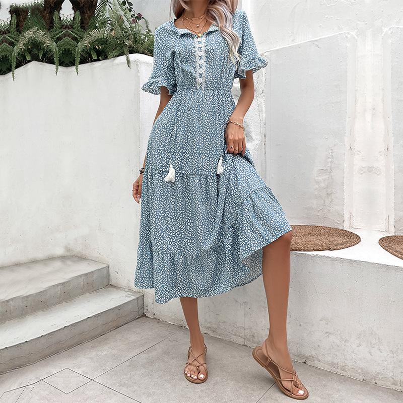 Летняя женская одежда в европейском и американском этническом стиле, платье среднего размера с принтом, повседневные платья