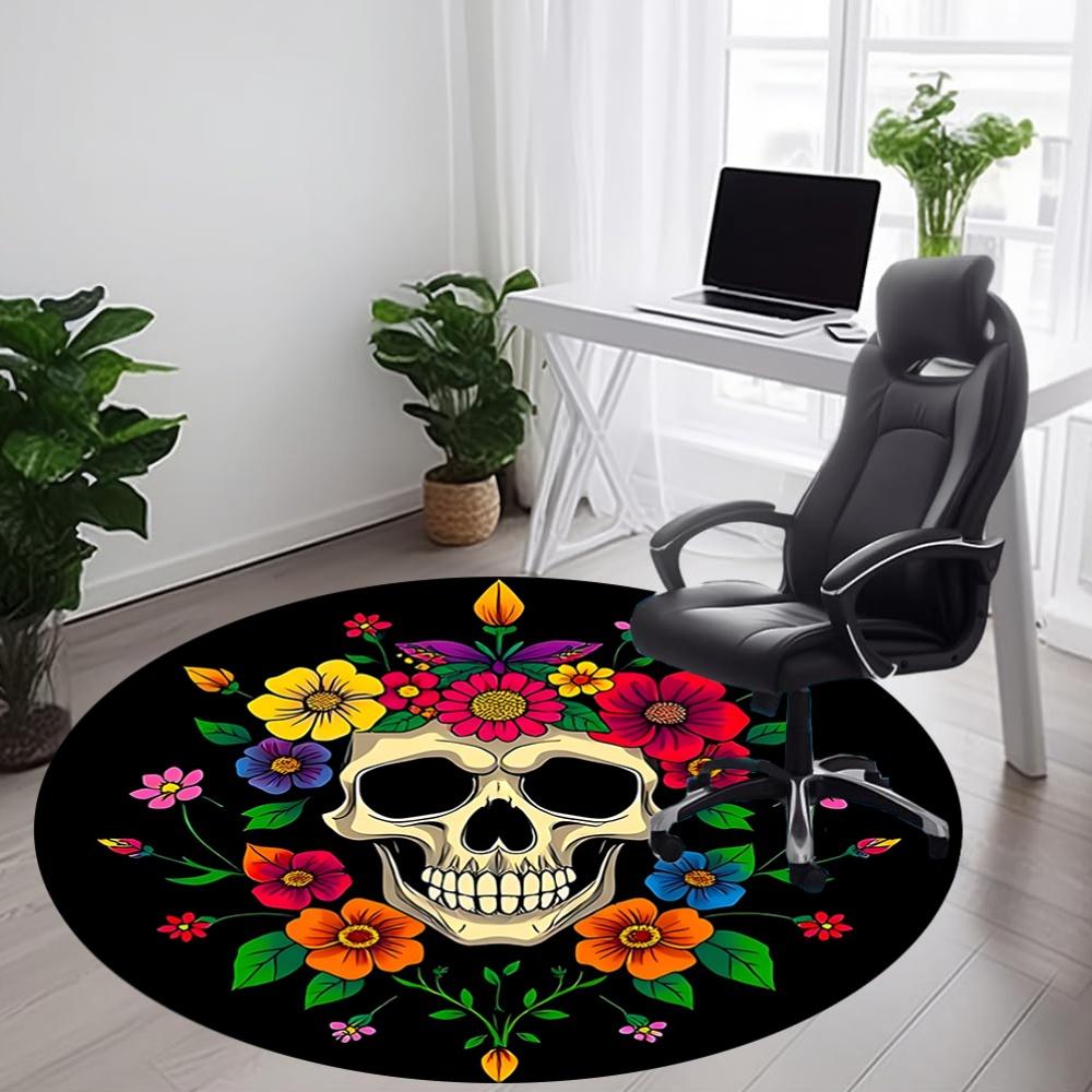 1PC Day of the Dead Skull Office Round Rug, Non slip, Soft and Durable Office Rug for Interior Decoration, Perfect for Office