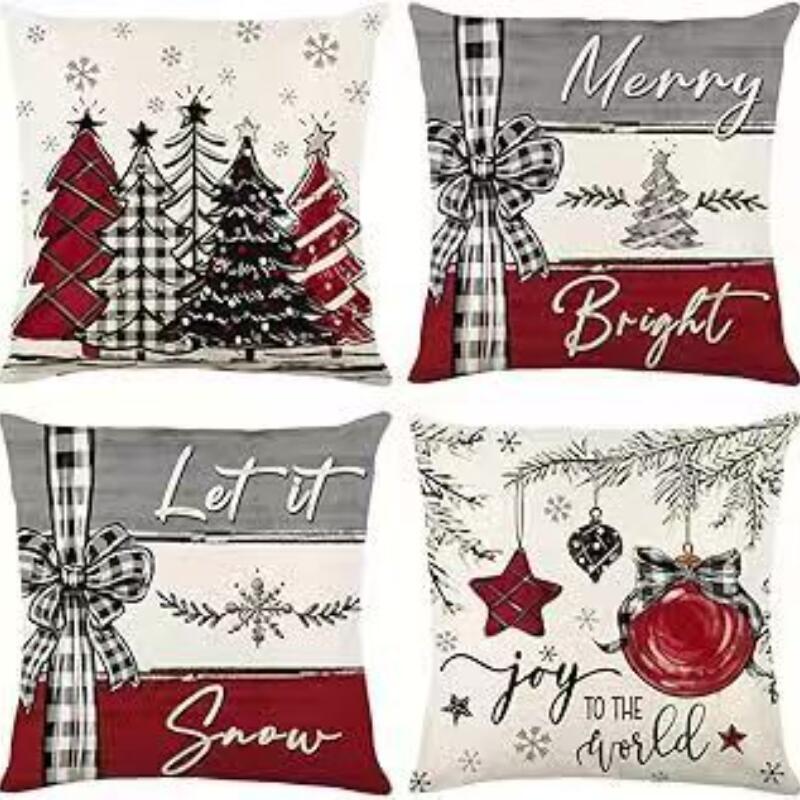Набор из 4 двусторонних рождественских наволочек - Санта Снеговик Смесь льна Декор для дивана Праздничные акценты для дома