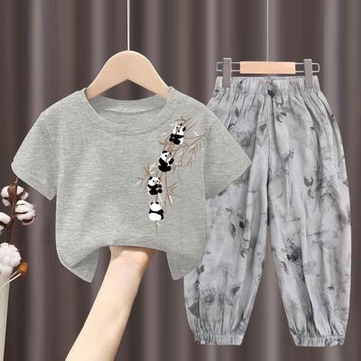 Летний комплект с короткими рукавами для мальчиков, детский топ, футболка из чистого хлопка для девочек, штаны с защитой от комаров, комплект из двух предметов