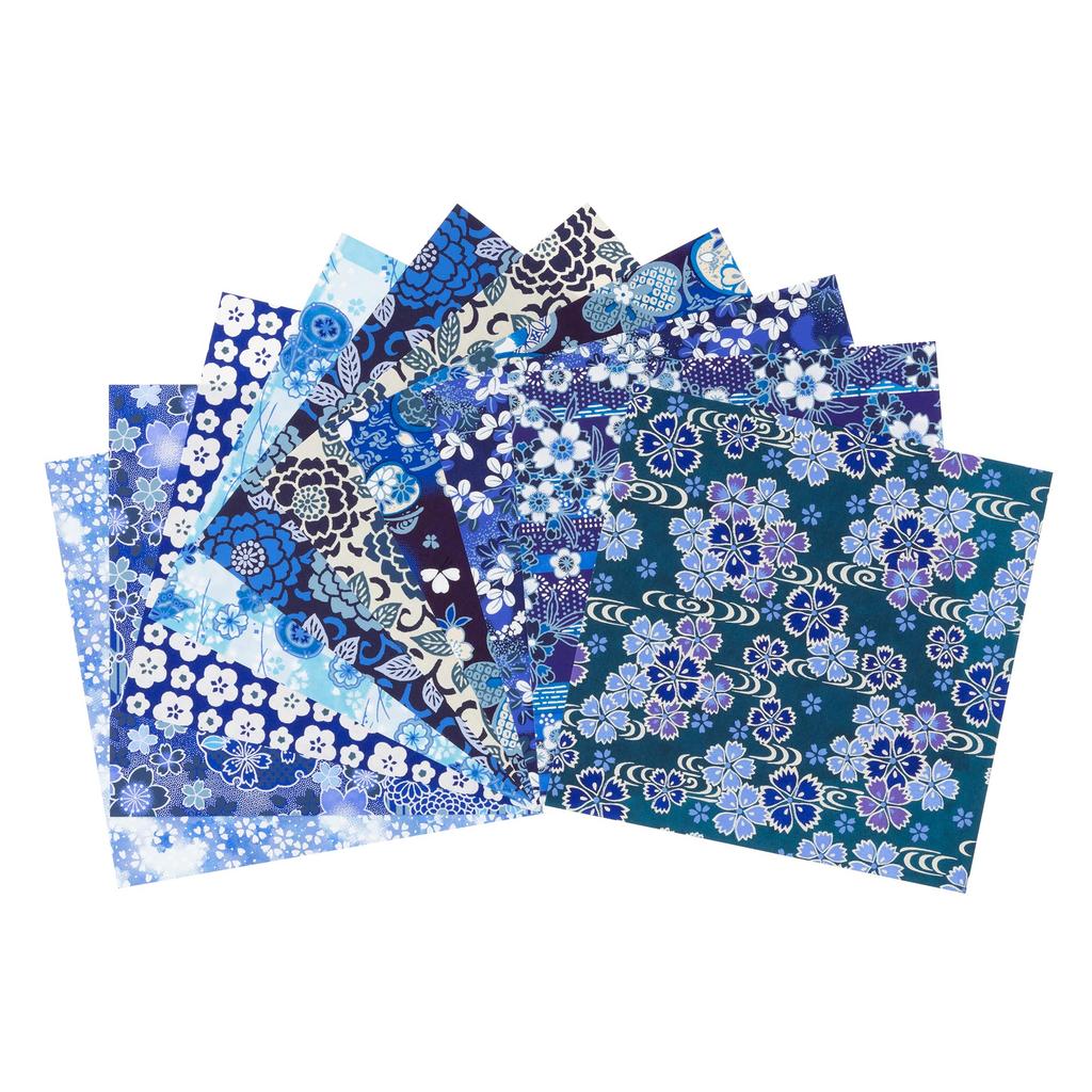 Бумага Kawasumi Washi Special Selection Chiyogami, 15 x 15 см, 10 узоров, окрашена индиго, окрашена вручную. (Юзен Васи) см,